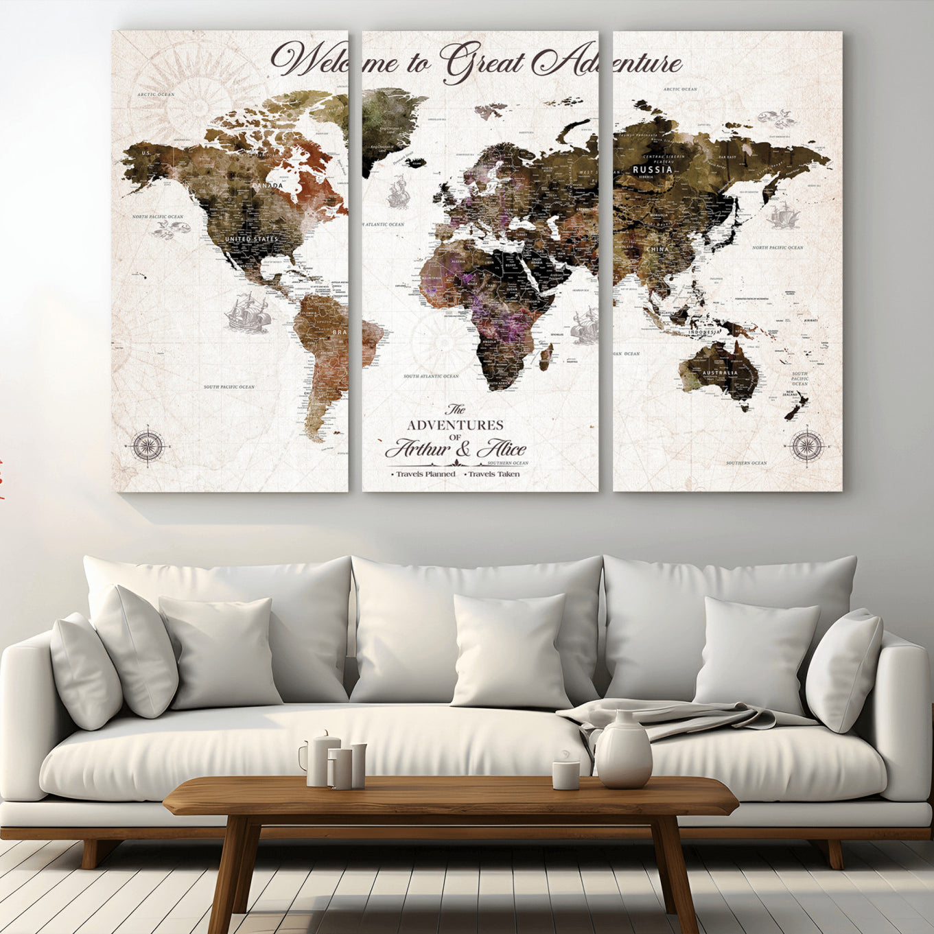 -Personalized World Map Canvas Custom Framed Push Pin Travel Tracker Vintage Adventure Wall Art Gift Couples Travelers Home, Office