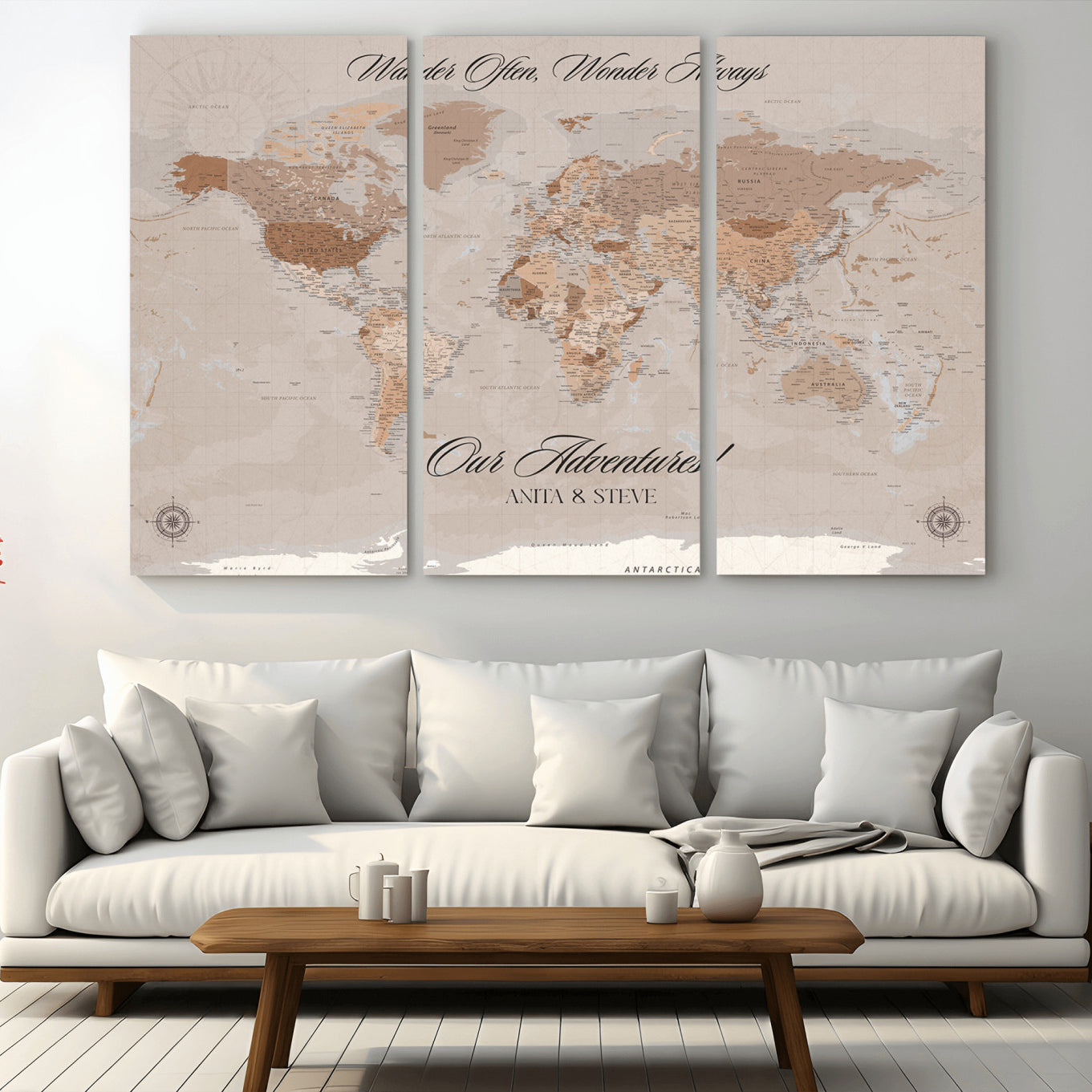 -Personalized World Map Canvas Custom Framed Push Pin Travel Tracker Elegant Neutral Wall Art Gift Couples Travelers for Home, Office