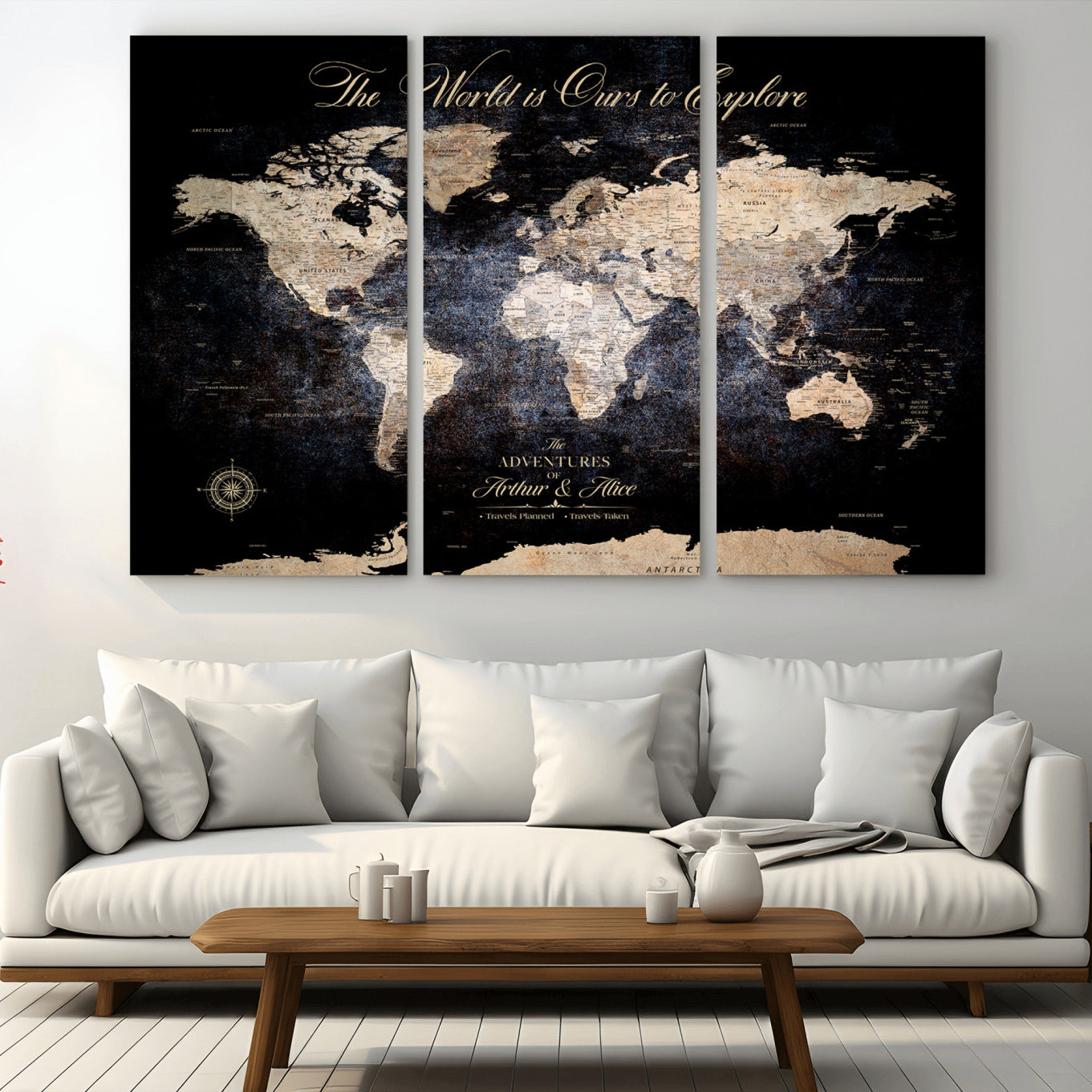 -Personalized Push Pin World Map Canvas Print Framed Custom Travel Tracker with 100 Pins Artwork for Home, Office