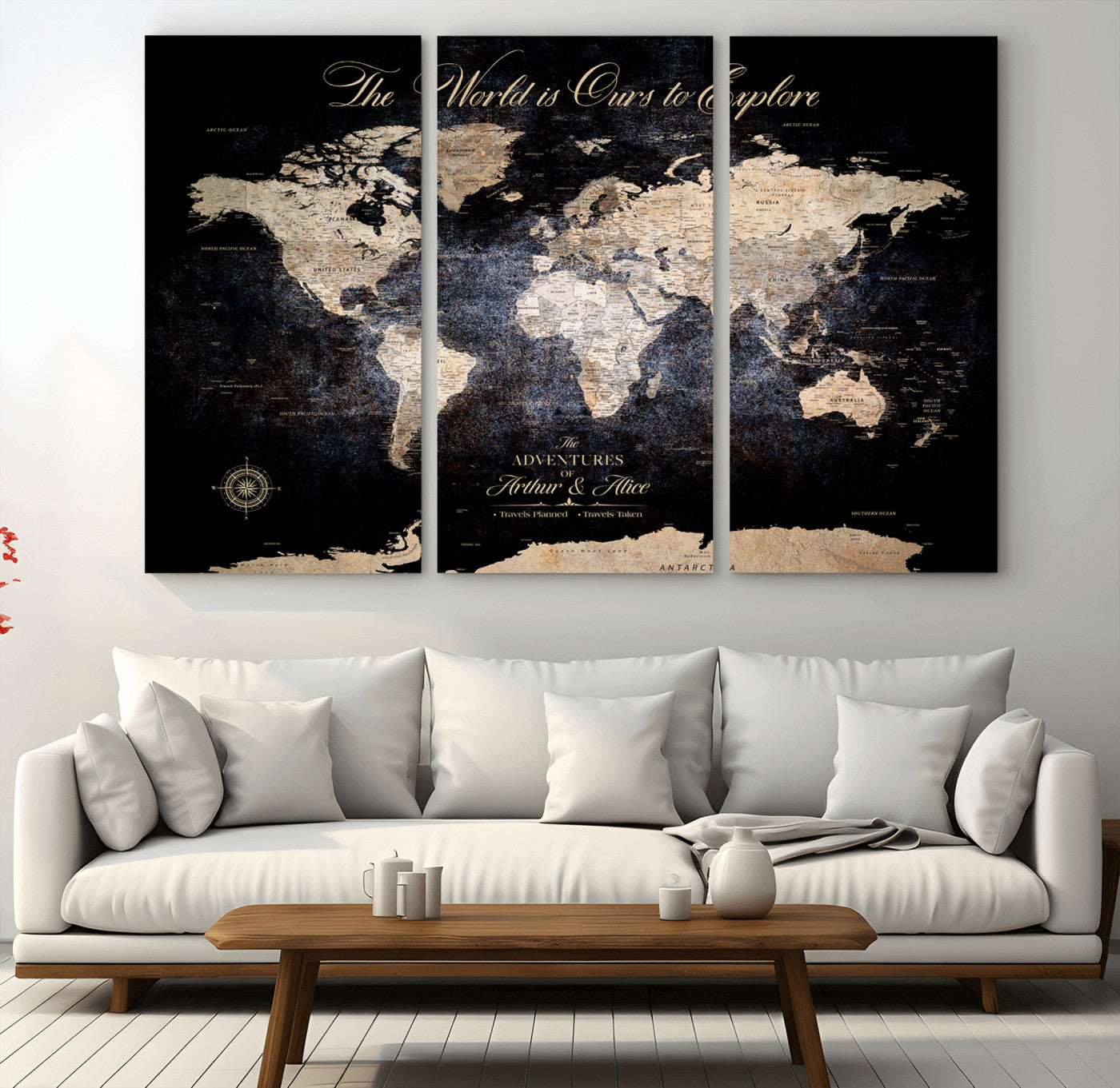 -Personalized Push Pin World Map Canvas Print Framed Custom Travel Tracker with 100 Pins Artwork for Home, Office