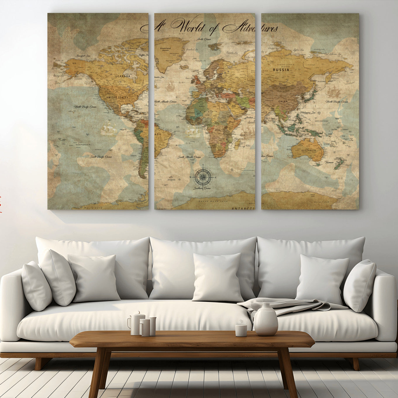 Rehber01-MGV-CV-36X24-Personalized World Map Canvas – Custom Framed Push Pin Travel Map Wall Art, Vintage Style Gift for Couples or Families