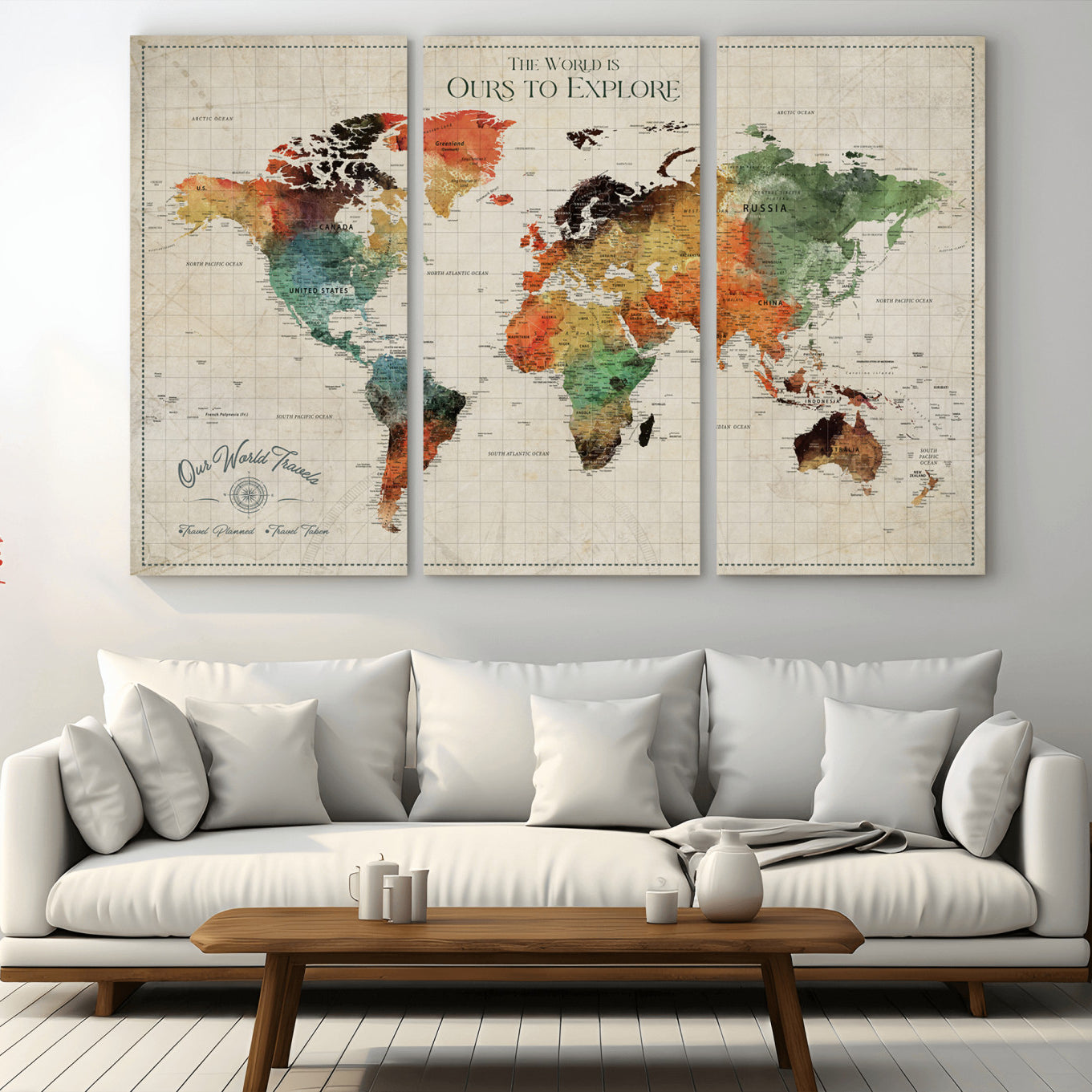 Rehber01-MGV-CV-36X24-Custom Push Pin World Map Wall Art Canvas Print – Personalized Travel Tracker Map Framed Artwork for Home Office