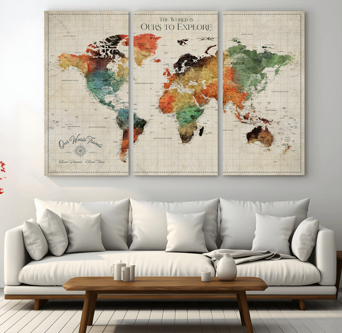 Rehber01-MGV-CV-36X24-Custom Push Pin World Map Wall Art Canvas Print – Personalized Travel Tracker Map Framed Artwork for Home Office