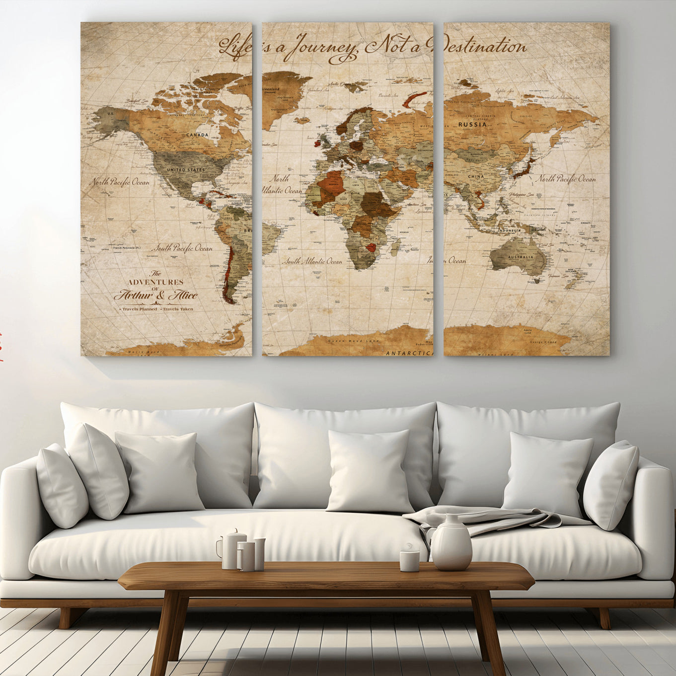 Rehber01-MGV-CV-36X24-Personalized Vintage World Map Canvas – Custom Framed Push Pin Travel Map Wall Art, Rustic Gift for Couples and Travel Lovers