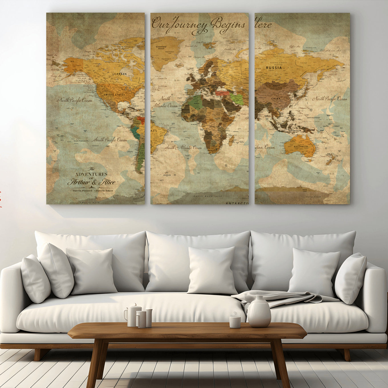 40572820-MGV-CV-48X32-3P-Personalized World Map Canvas – Custom Framed Push Pin Travel Map Wall Art, Vintage Style Gift for Couples