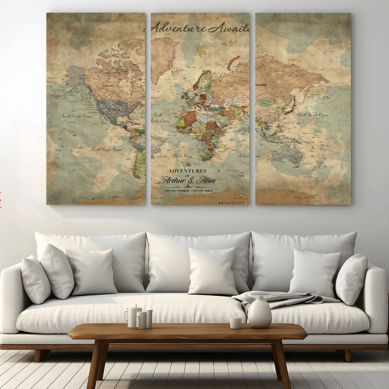 Rehber01-MGV-CV-36X24-Personalized Vintage World Map Canvas Print – Custom Push Pin Travel Map Antique Style Gift for Couples Travelers for Home Office