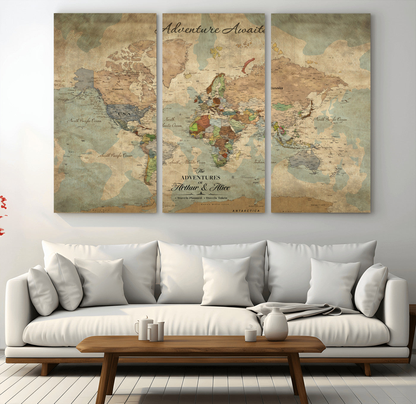 Rehber01-MGV-CV-36X24-Personalized Vintage World Map Canvas Print – Custom Push Pin Travel Map Antique Style Gift for Couples Travelers for Home Office