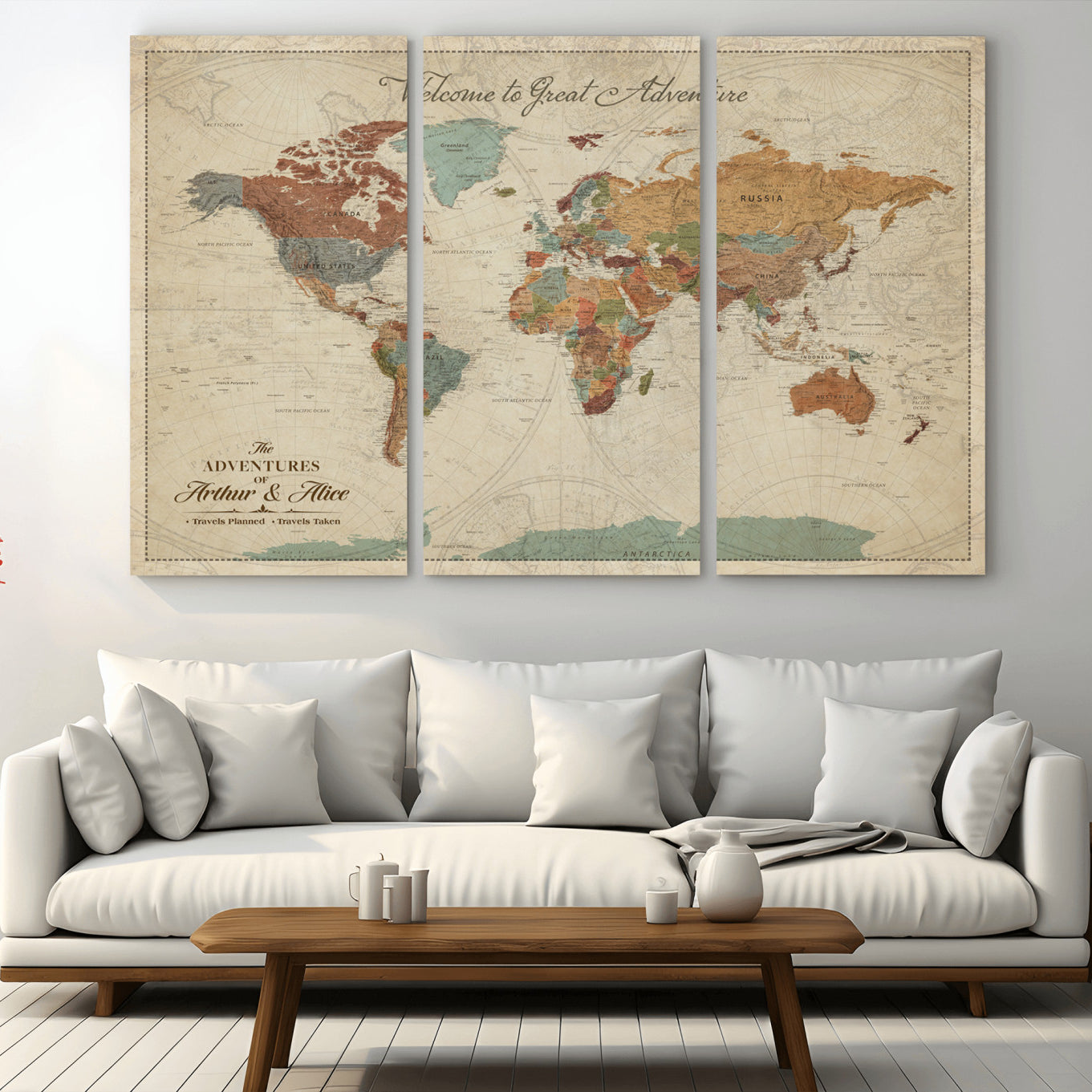 Rehber01-MGV-CV-36X24-Personalized Antique World Map Canvas Print – Custom Push Pin Travel Map Vintage Gift for Couples Explorers for Home, Office
