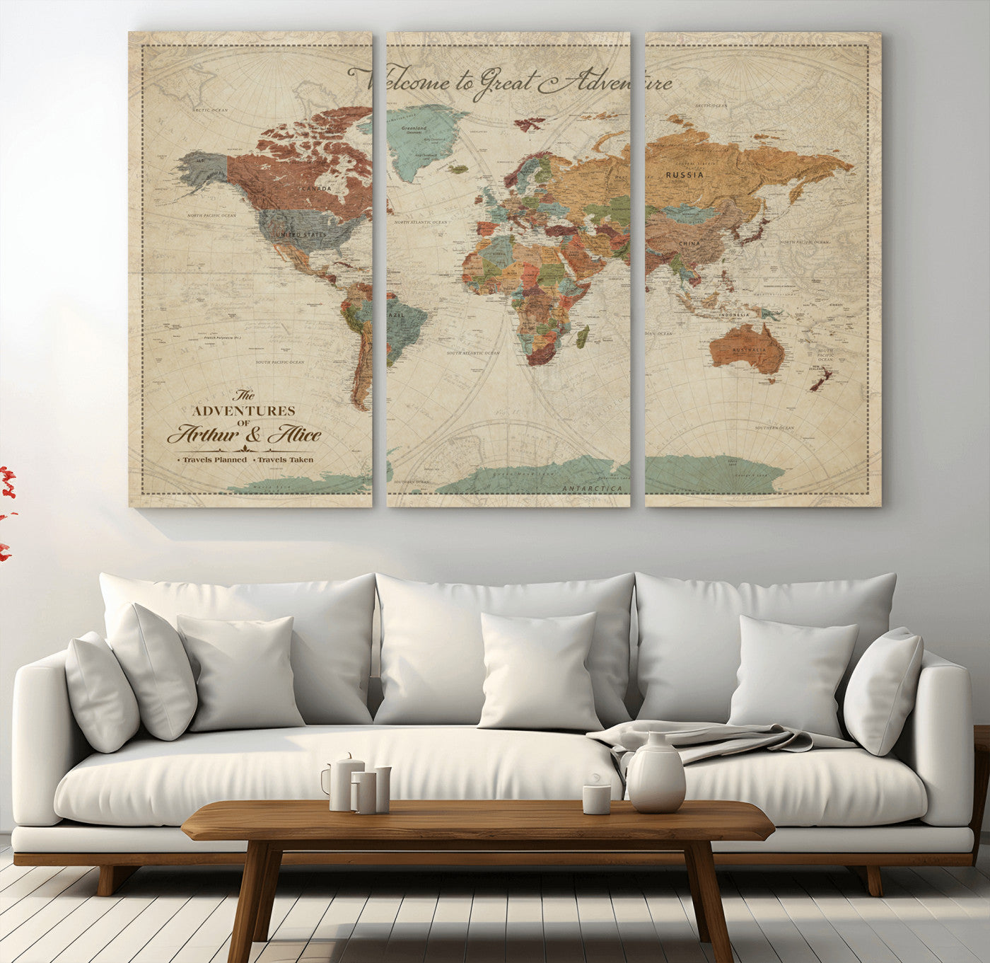 Rehber01-MGV-CV-36X24-Personalized Antique World Map Canvas Print – Custom Push Pin Travel Map Vintage Gift for Couples Explorers for Home, Office