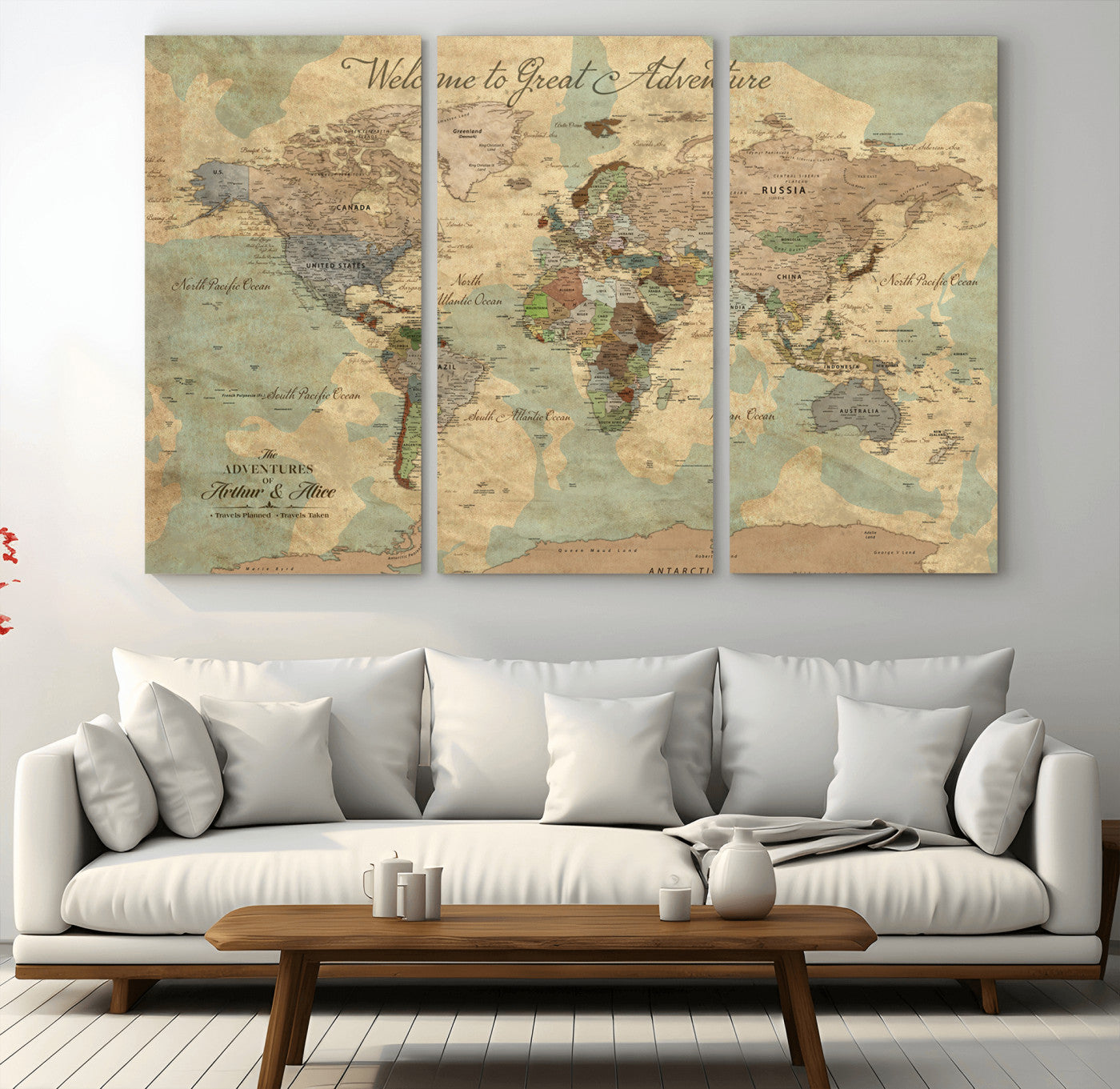 Rehber01-MGV-CV-36X24-Personalized World Map Canvas – Custom Framed Push Pin Travel Map Wall Art, Vintage Style Gift for Couples or Families
