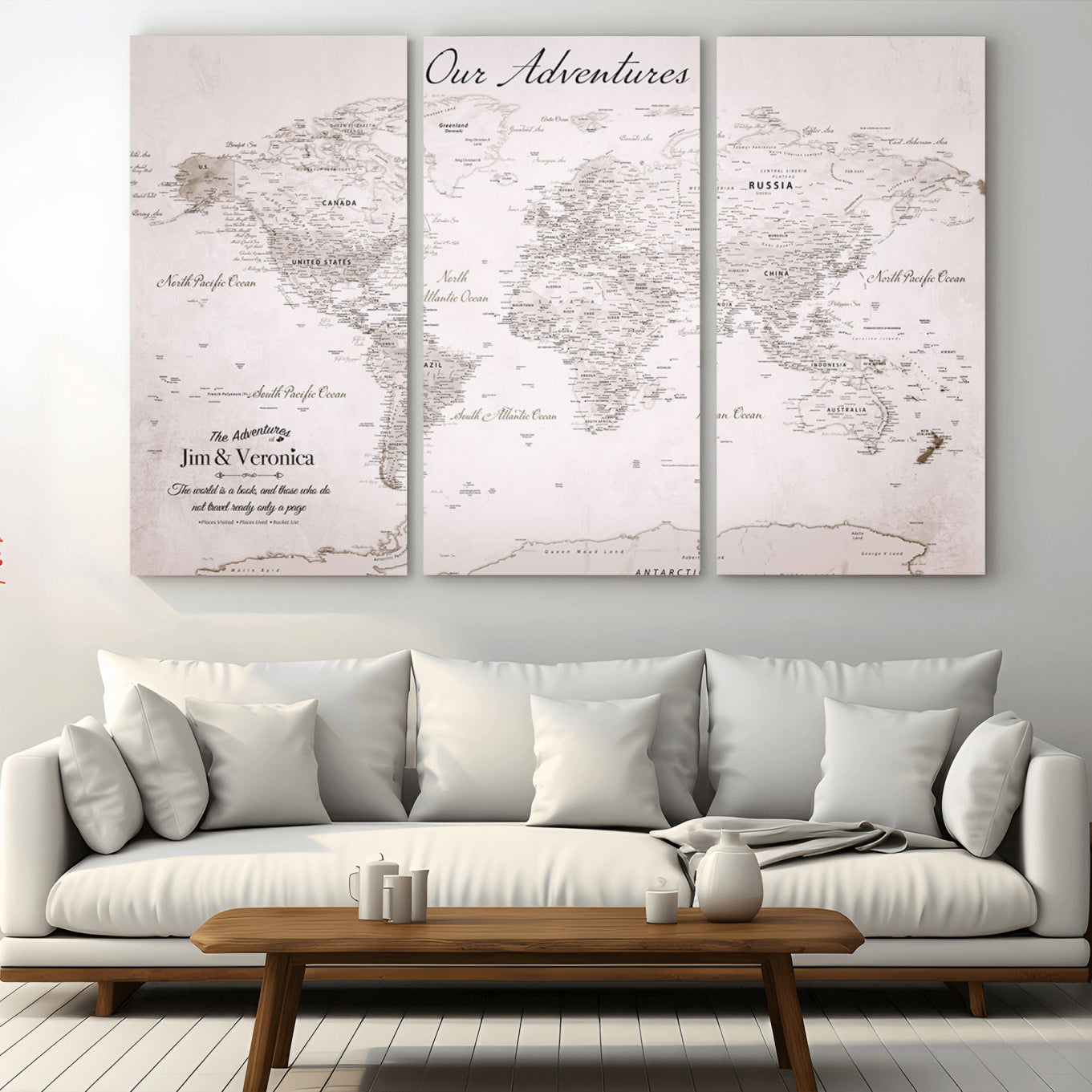 14561774-MGV-CV-48X32-3P-Custom Push Pin World Map Wall Art – Personalized Travel Canvas Print with Foam Pins Framed Decor for Home, Office