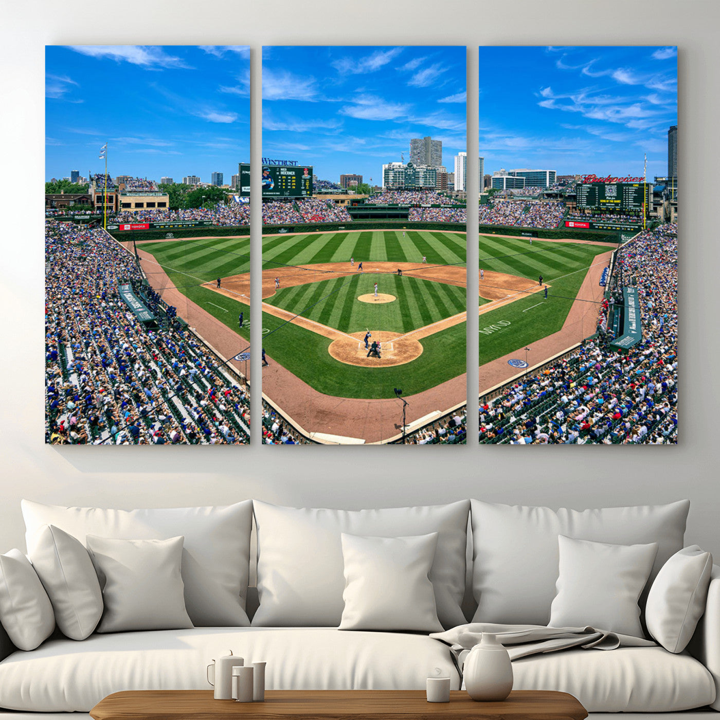35800083-MGV-CV-48X32-3P - Wrigley Field Baseball Stadium Canvas Wall Art – Packed Crowd Sports Stadium City Skyline Artwork for Home Office
