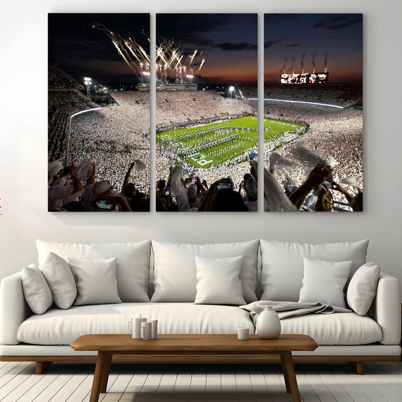 Penn State Stadium Wall Art Print, White Out Football Game Canvas Wall Art, Framed Sports Stadium, Large College Football Canvas Print for Game Room - Man Cave + 555