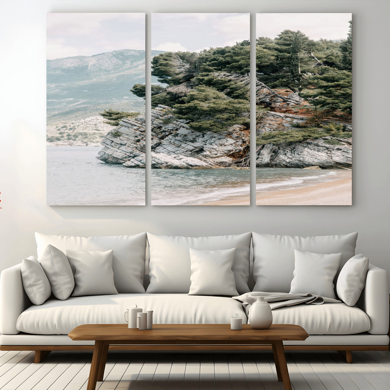 MGV-CV-48X32-3P - Coastal Rock Canvas Wall Art Print, Scenic Beach Landscape, Pine Trees on Rocky Cliff, Large Nature