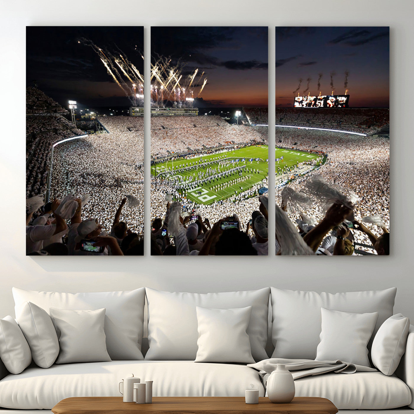 11221988-MGV-CV-48X32-3P - Epic Night Football Stadium Wall Art Canvas Print, Fireworks and Crowd Energy Game Day Excitement Decor for Home, Office