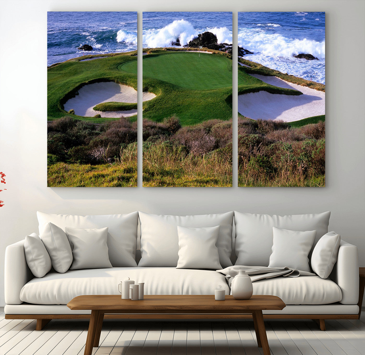22776914-MGV-CV-36X24-Ocean Cliff Golf Green Canvas Print – Framed Majestic Coastal Scene with Lush Green Artwork for Home, Office