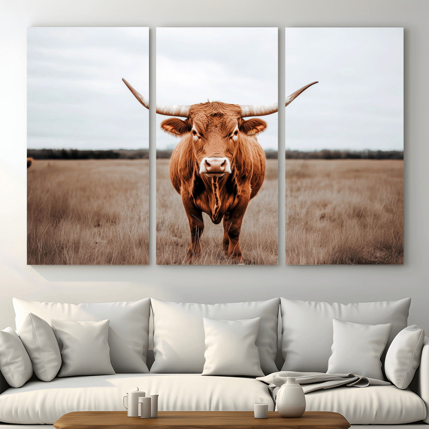 16316734-MGV-CV-48X32-3P - Longhorn bull, open field, rustic charm, natural beauty, Wall Art Canvas Print, countryside,