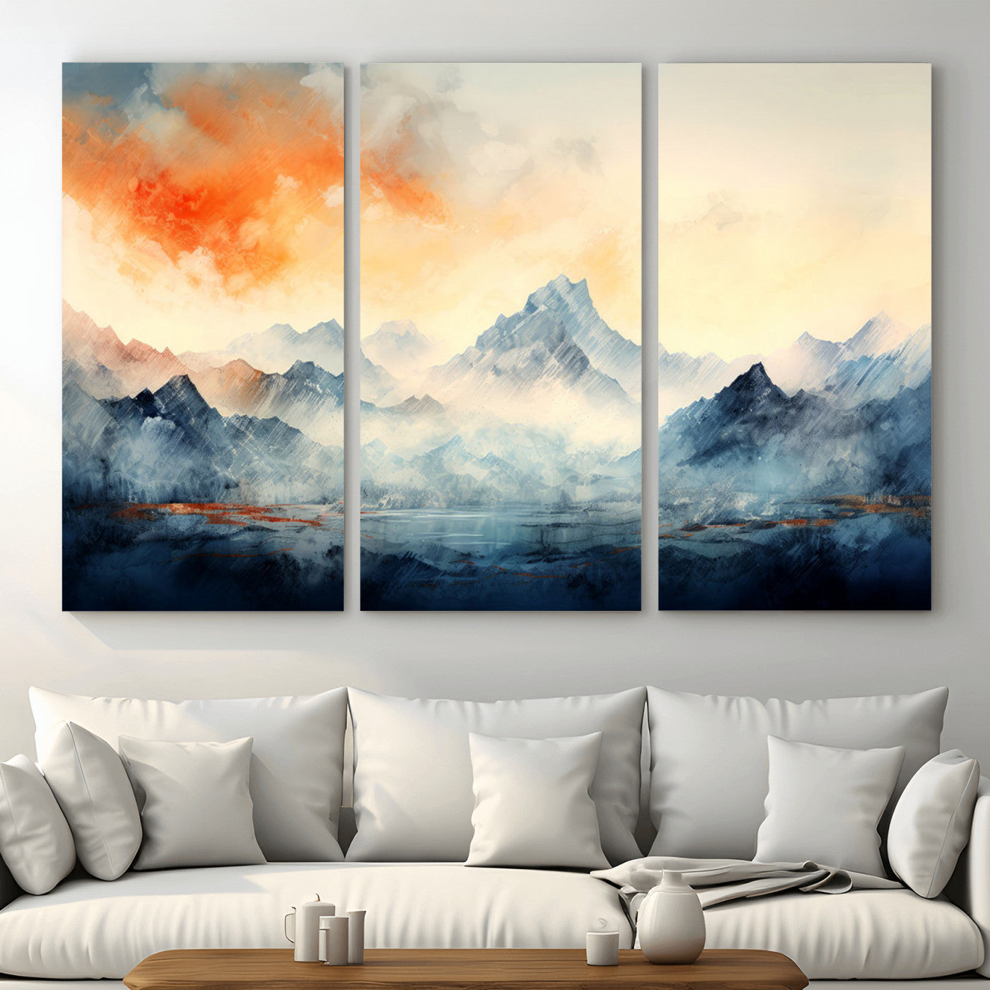 WRM1005-MGV-CV-48X32-3P - Warm Clouds Abstract Mountain Wall Art, Modern Landscape Canvas Print, Minimal Framed Artwork for Home, Office
