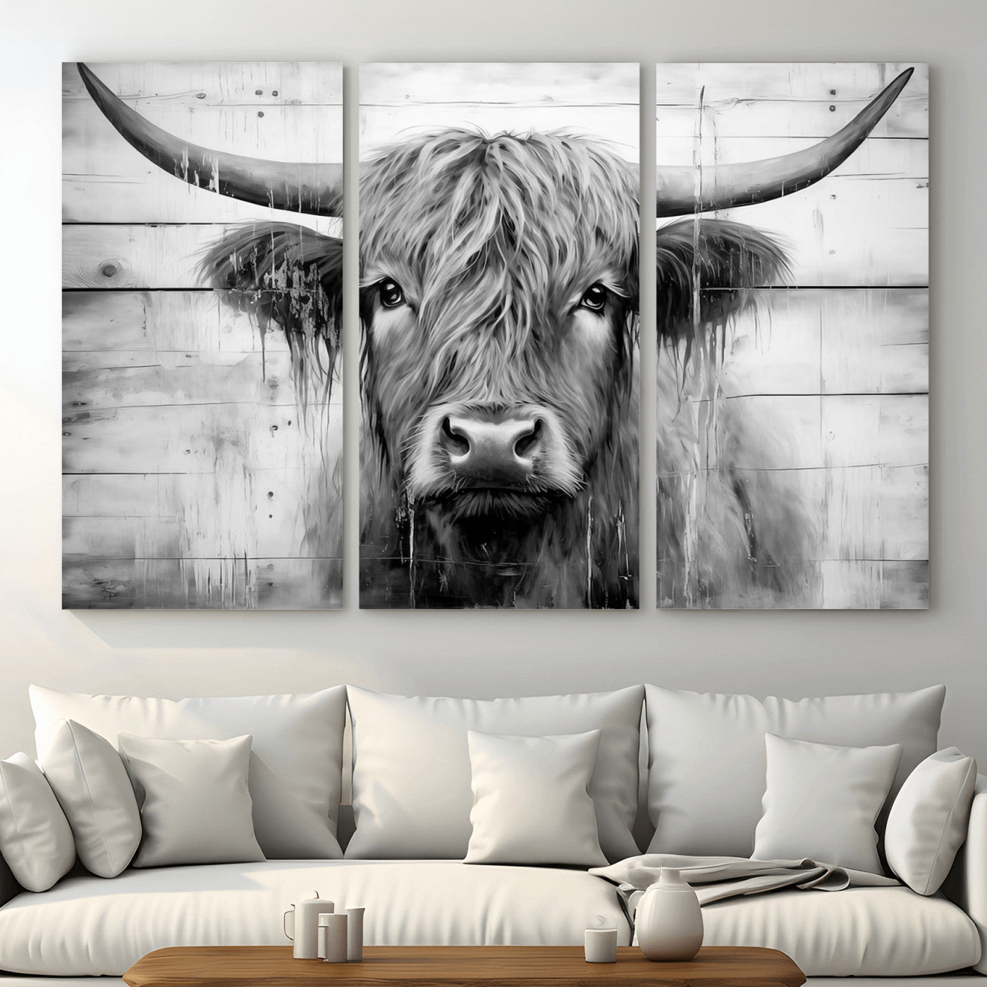 1001HASAN27-MGV-CV-48X32-3P - Black White Highland Cow Wall Art Canvas Print