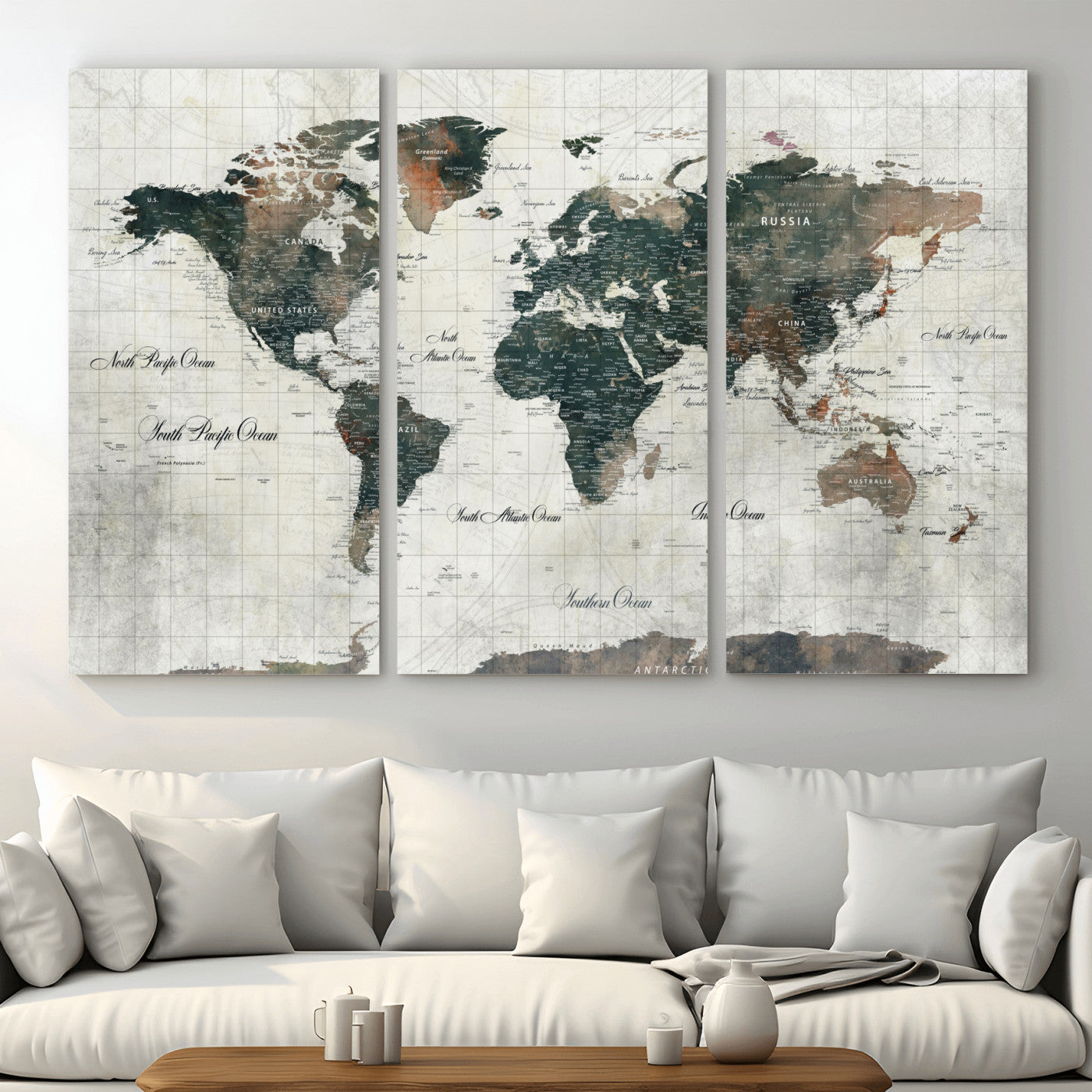 90149079-MGV-CV-48X32-3P - World Map Wall Art Canvas Print, Modern Decorative Framed Map Artwork Prints for Living Room, Office, Bedroom Wall Decor