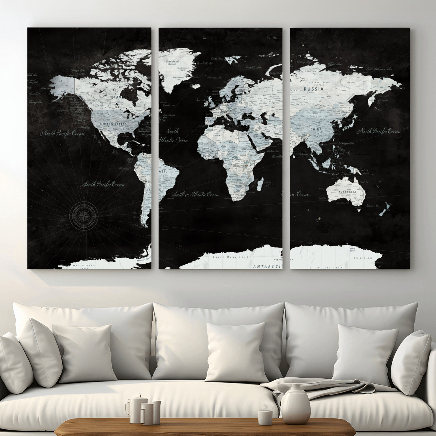 30759283-MGV-CV-48X32-3P - World Map Wall Art Canvas Print, Modern Decorative Framed Map Artwork Prints for Living Room, Office, Bedroom Wall Decor
