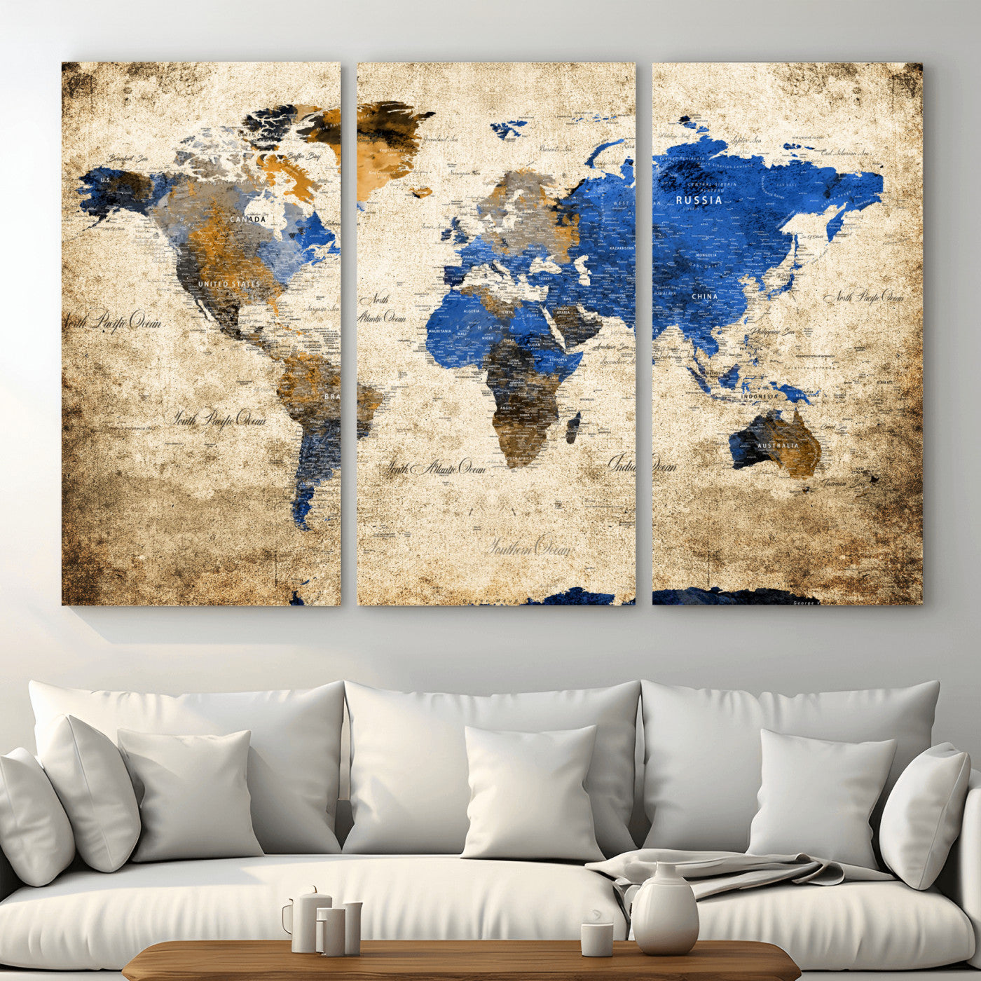 13564339-MGV-CV-48X32-3P - World Map Wall Art Canvas Print, Modern Decorative Framed Map Artwork Prints for Living Room, Office, Bedroom Wall Decor
