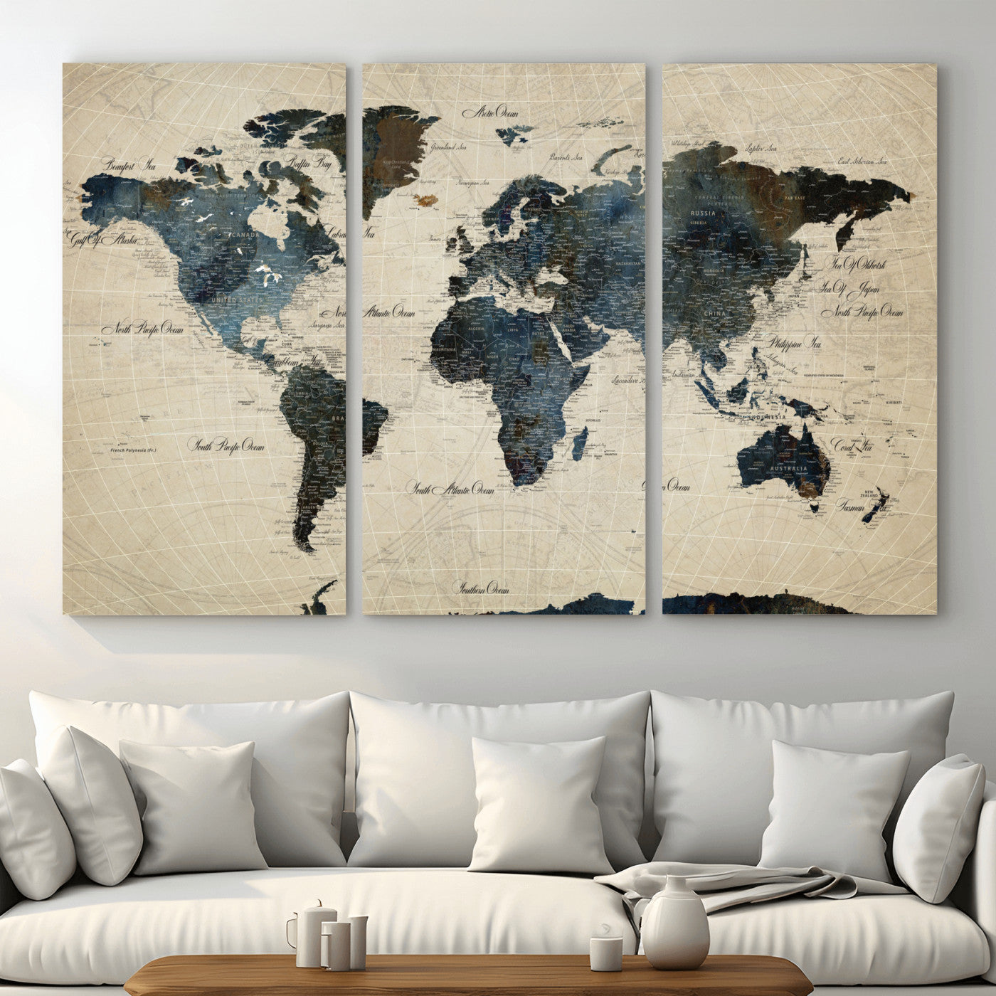33438443-MGV-CV-48X32-3P - World Map Wall Art Canvas Print, Modern Decorative Framed Map Artwork Prints for Living Room, Office, Bedroom Wall Decor