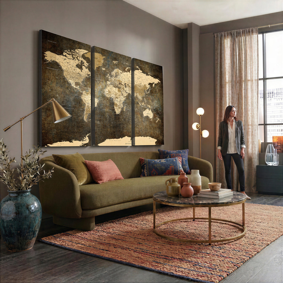 89742472-MGV-CV-36X24 - Large Framed Vintage World Map Wall Art Print for Home Wall