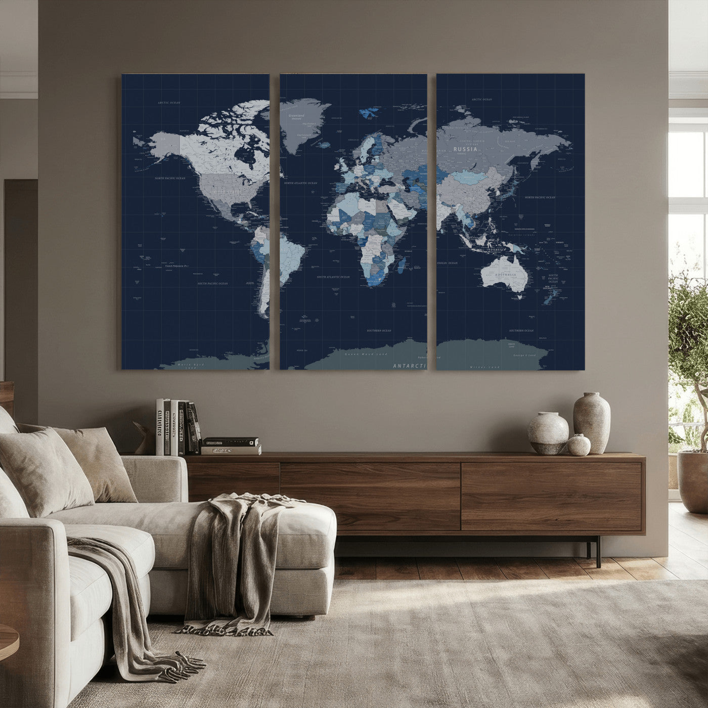 17712680-MGV-CV-36X24 - World Map Wall Art Canvas Print, Modern Decorative Framed Map Artwork Prints for Living Room, Office, Bedroom Wall Decor