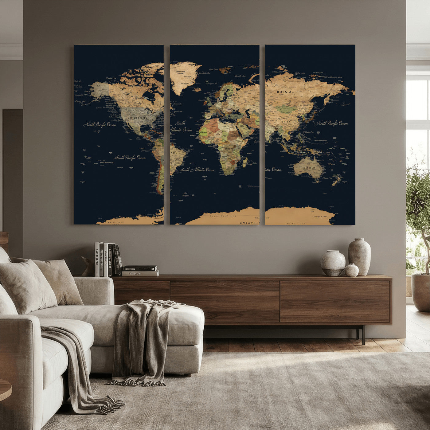 94449133-MGV-CV-36X24 - World Map Wall Art Canvas Print, Modern Decorative Framed Map Artwork Prints for Living Room, Office, Bedroom Wall Decor