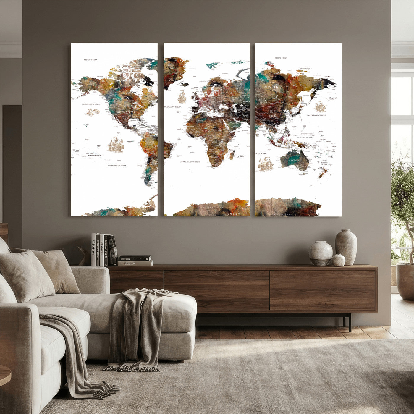 82293175-MGV-CV-36X24 - World Map Wall Art Canvas Print, Modern Decorative Framed Map Artwork Prints for Living Room, Office, Bedroom Wall Decor