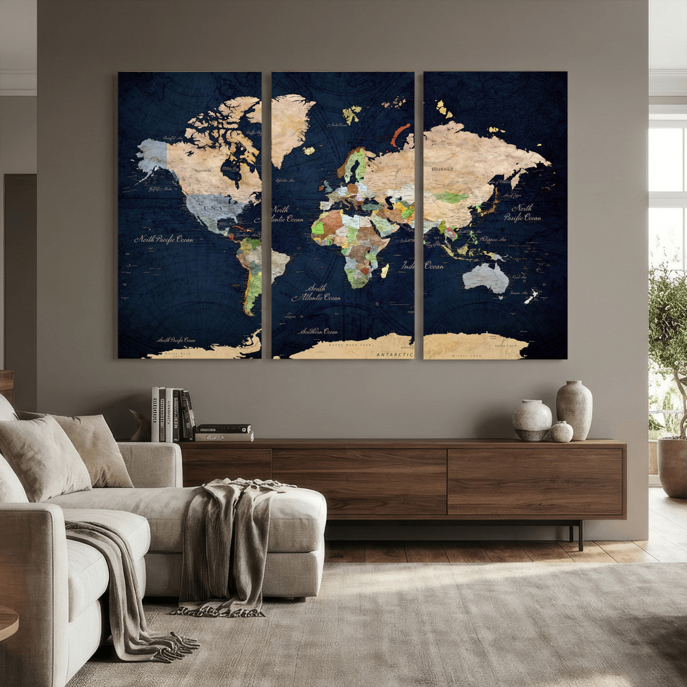 76603563-MGV-CV-36X24 - World Map Wall Art Canvas Print, Modern Decorative Framed Map Artwork Prints for Living Room, Office, Bedroom Wall Decor
