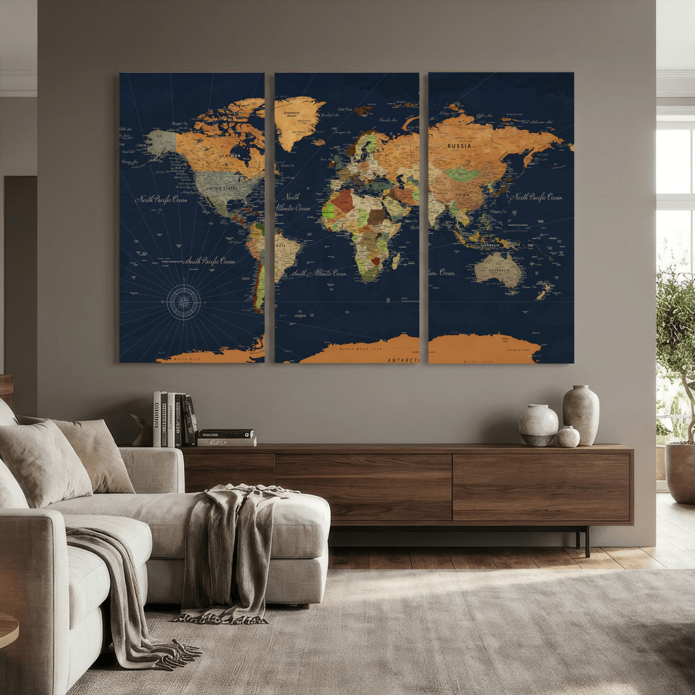 11715182-MGV-CV-36X24 - World Map Wall Art Canvas Print, Modern Decorative Framed Map Artwork Prints for Living Room, Office, Bedroom Wall Decor