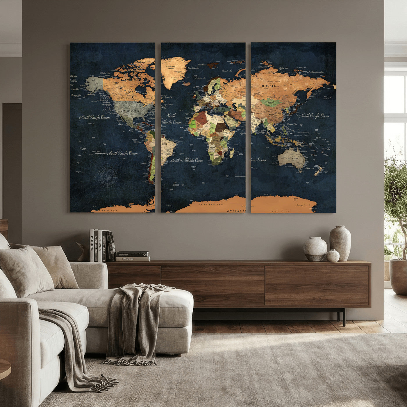 53717402-MGV-CV-36X24 - World Map Wall Art Canvas Print, Modern Decorative Framed Map Artwork Prints for Living Room, Office, Bedroom Wall Decor