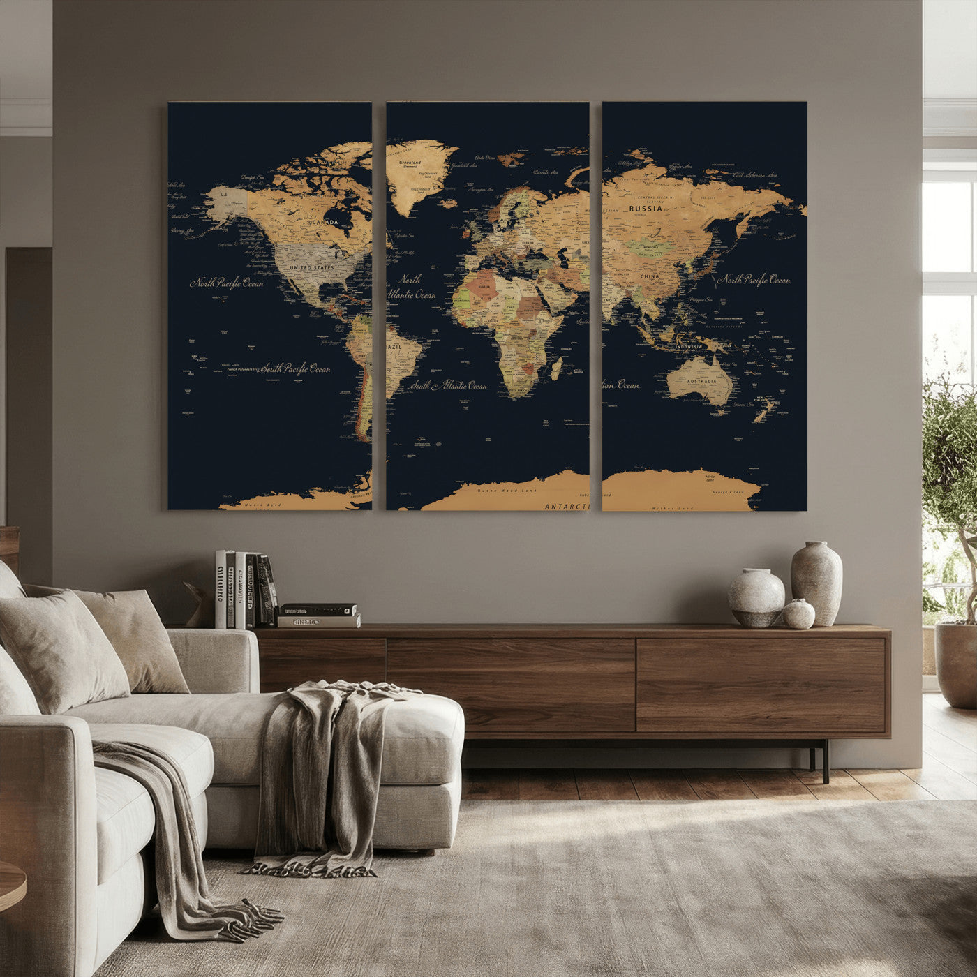 36916368-MGV-CV-36X24 - World Map Wall Art Canvas Print, Modern Decorative Framed Map Artwork Prints for Living Room, Office, Bedroom Wall Decor