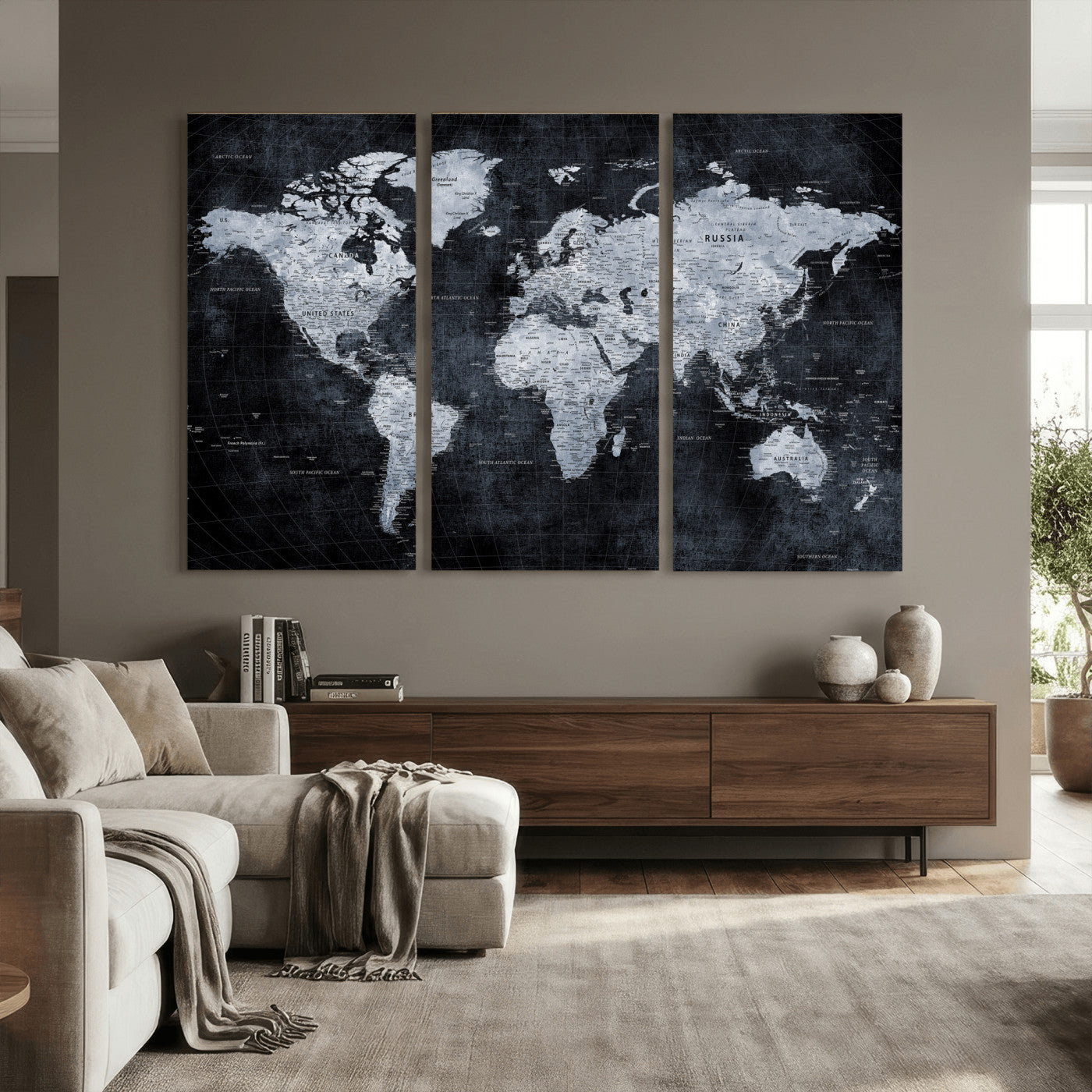 86893704-MGV-CV-36X24 - World Map Wall Art Canvas Print, Modern Decorative Framed Map Artwork Prints for Living Room, Office, Bedroom Wall Decor