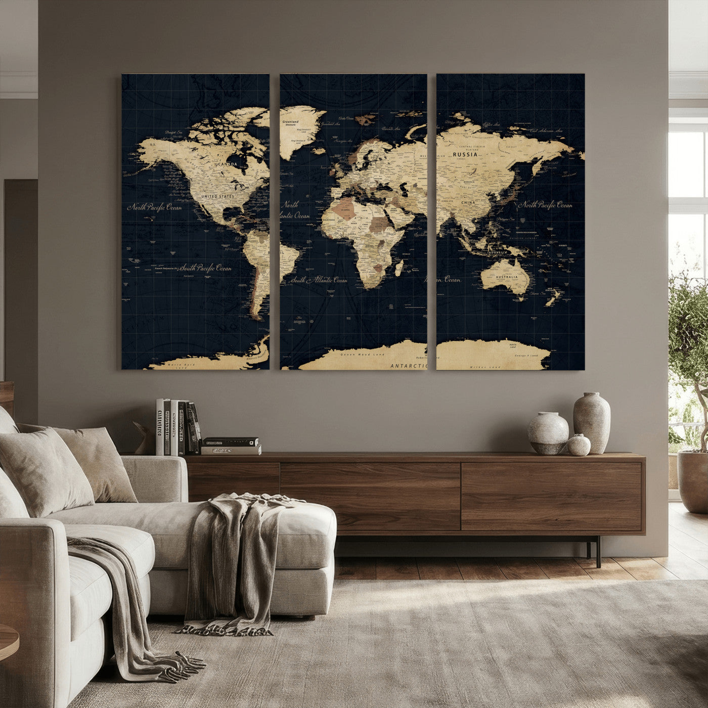 45063434-MGV-CV-36X24 - World Map Wall Art Canvas Print, Modern Decorative Framed Map Artwork Prints for Living Room, Office, Bedroom Wall Decor