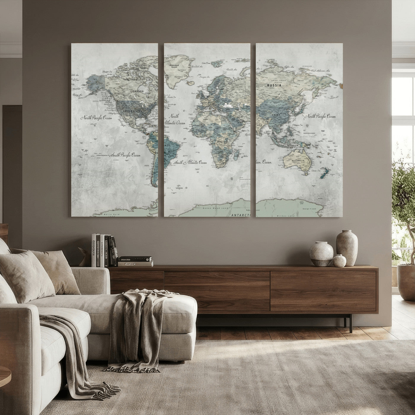 91132939-MGV-CV-36X24 - World Map Wall Art Canvas Print, Modern Decorative Framed Map Artwork Prints for Living Room, Office, Bedroom Wall Decor