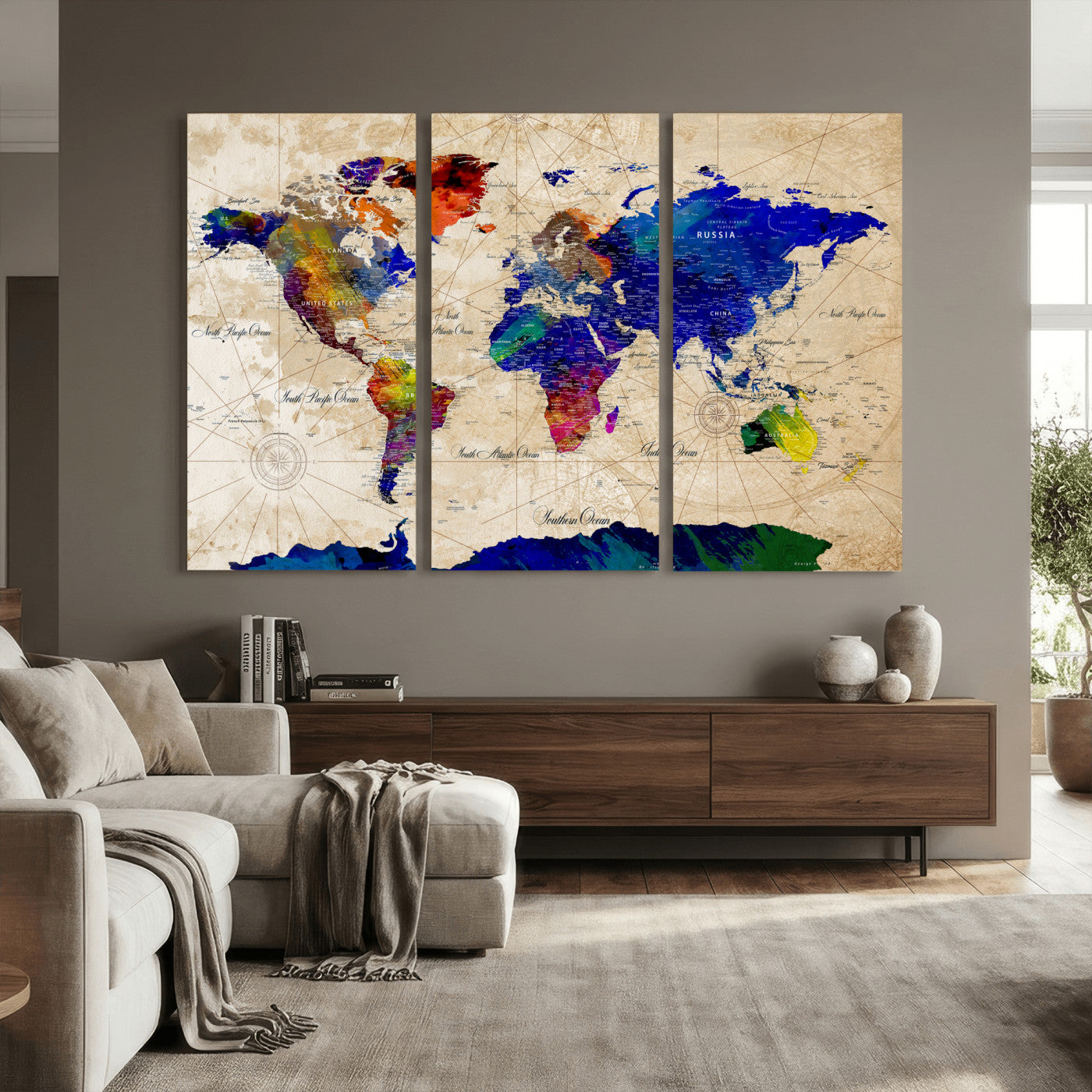 26284075-MGV-CV-36X24 - World Map Wall Art Canvas Print, Modern Decorative Framed Map Artwork Prints for Living Room, Office, Bedroom Wall Decor