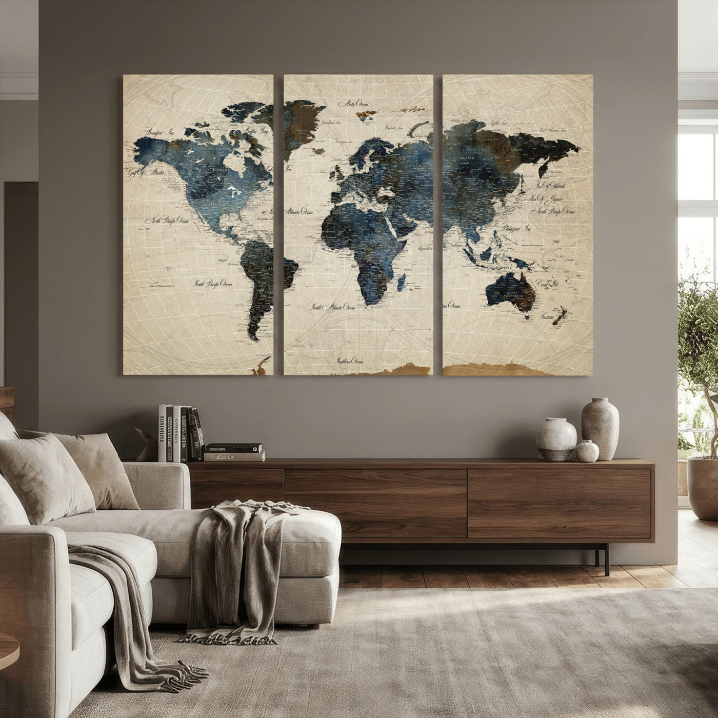 72927803-MGV-CV-36X24 - World Map Wall Art Canvas Print, Modern Decorative Framed Map Artwork Prints for Living Room, Office, Bedroom Wall Decor