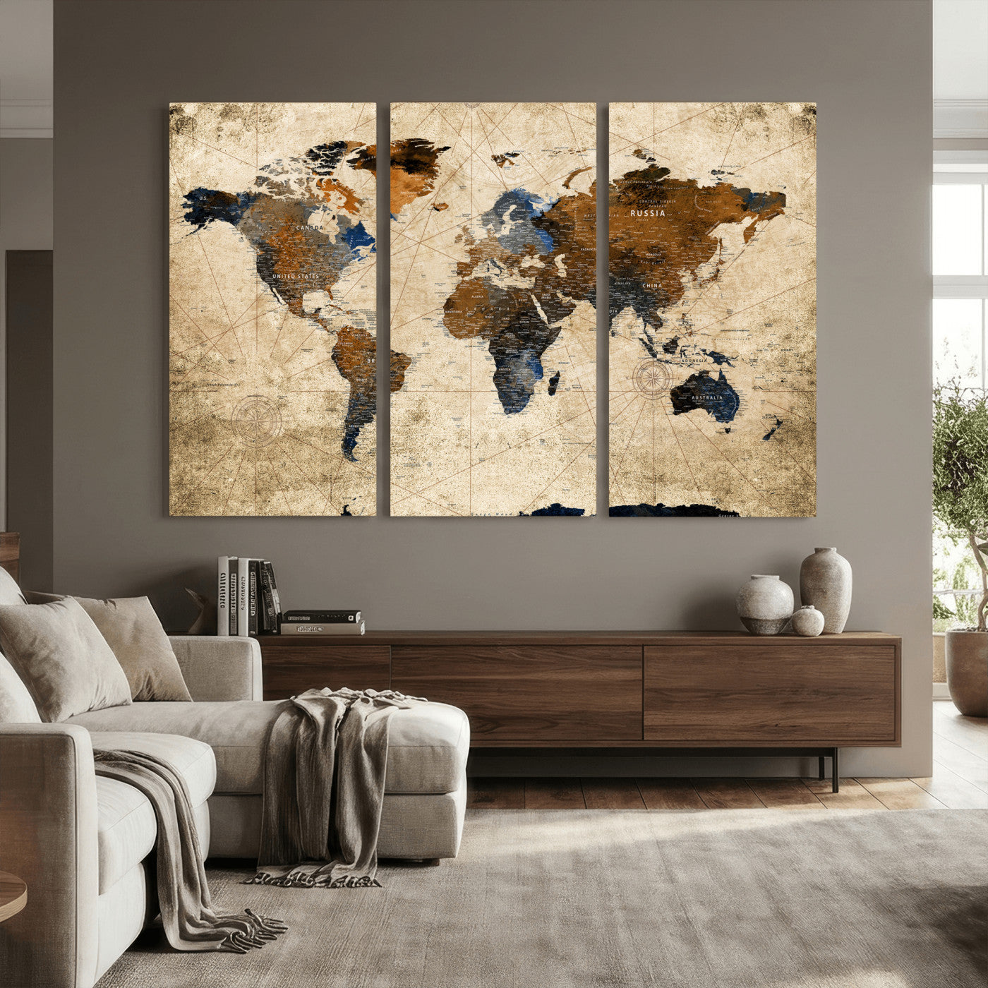 27163414-MGV-CV-36X24 - World Map Wall Art – Rustic Earth Tone Canvas Print, Antique Travel Map Design for Living Room, Office or Study, Classic Adventure Decor