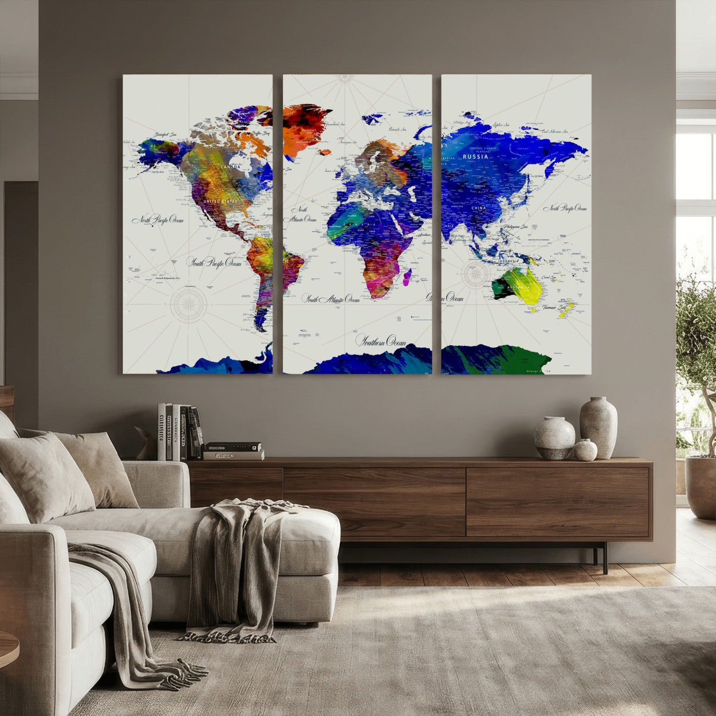 49670038-MGV-CV-36X24 - World Map Wall Art Canvas Print, Modern Decorative Framed Map Artwork Prints for Living Room, Office, Bedroom Wall Decor