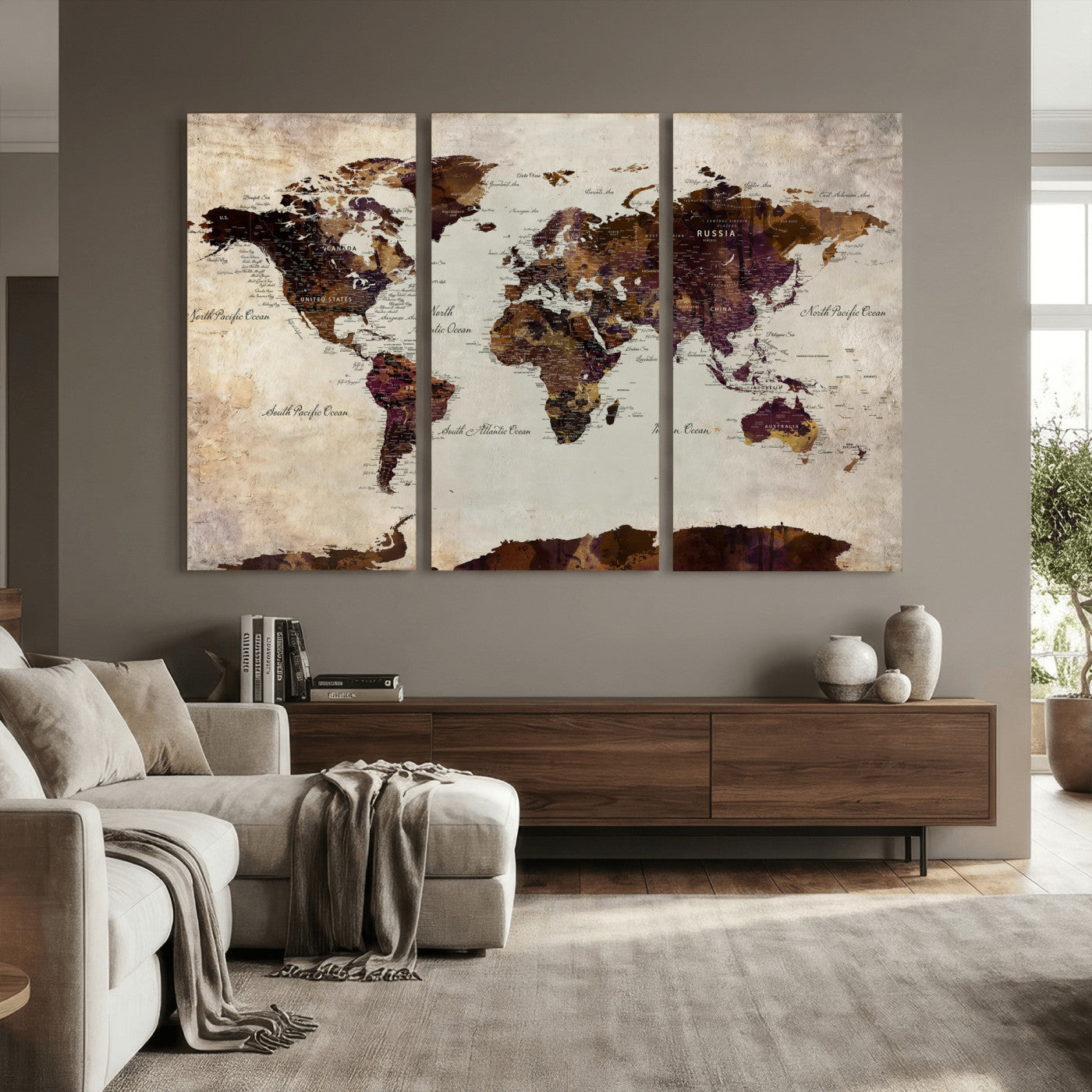 50611123-MGV-CV-36X24 - World Map Canvas Triptych – Colorful Global Wall Art for Living Rooms, Offices, and Study Spaces