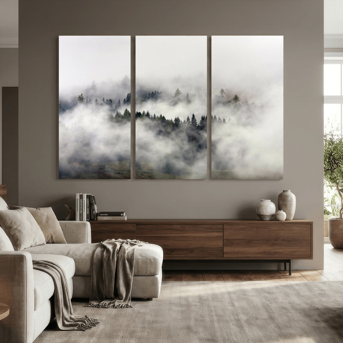 63235457-MGV-CV-36X24 - Foggy Forest Wall Art Canvas Print, Misty Pine Tree Landscape Wall Art Print, Framed Wall Art Ready to Hang