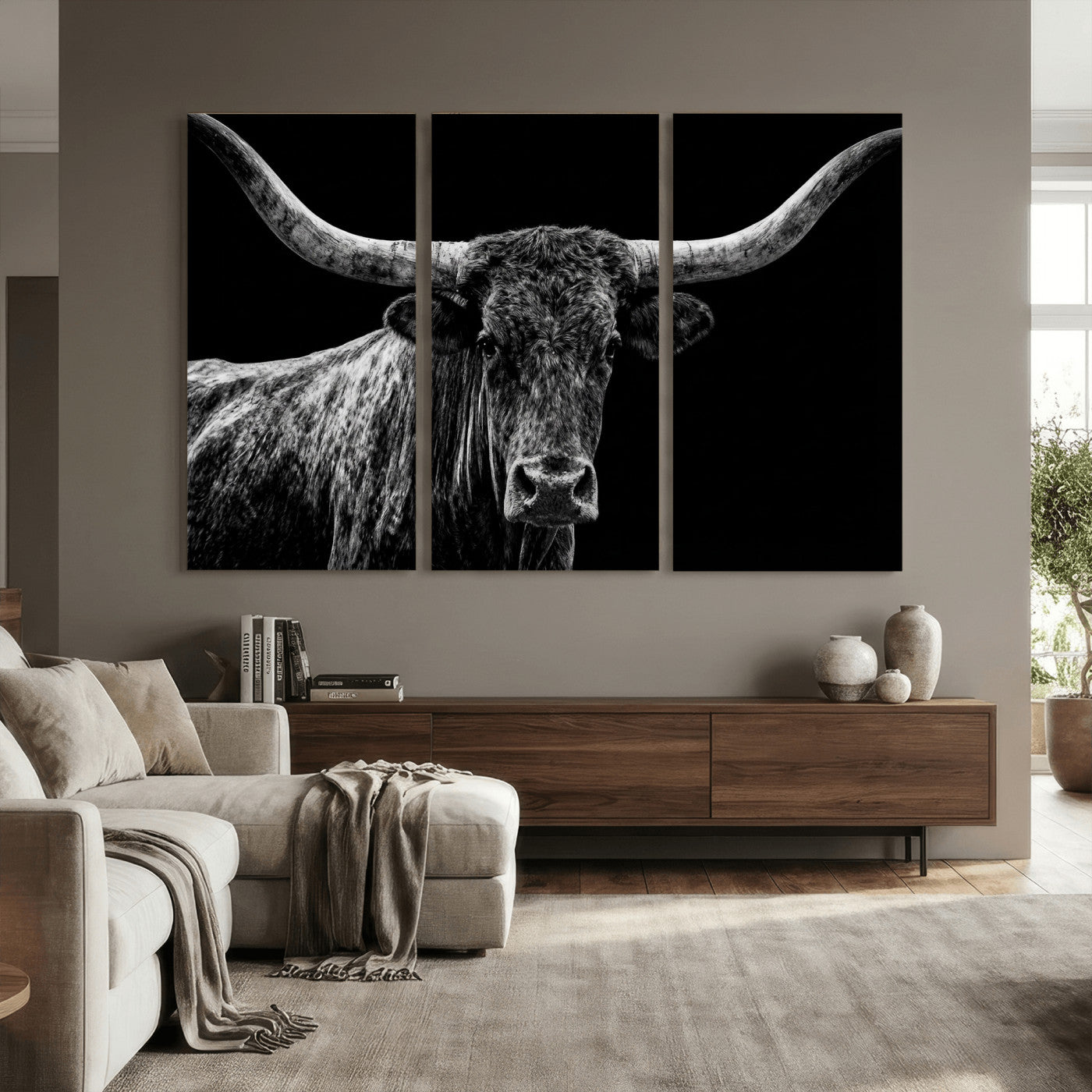 86568508-MGV-CV-36X24 - Vintage Texas Longhorn Bull Wall Art Canvas Print, Texas Cow Portrait Print, Framed Bull Wall Art Ready to Hang