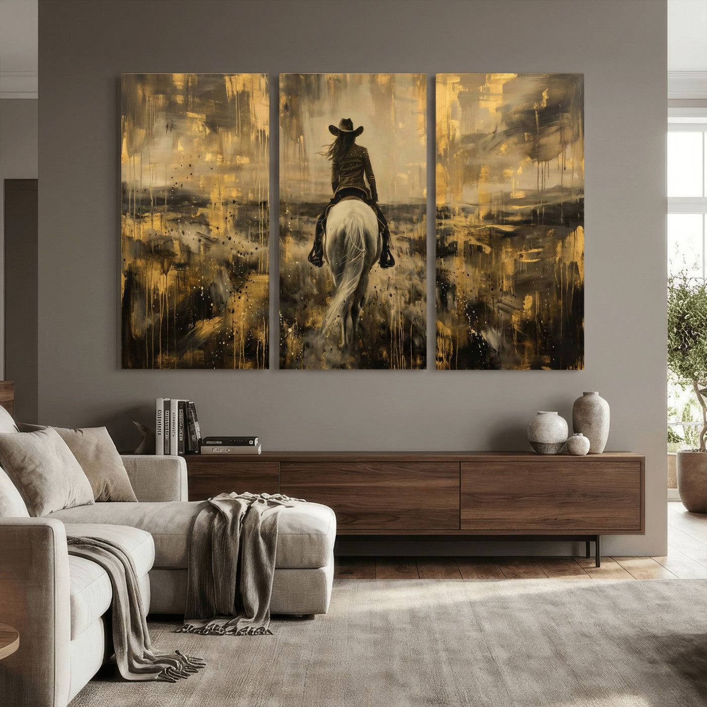 20465530-MGV-CV-36X24 - Cowgirl Wall Art Canvas Print, Western Horse Rider Wall Art, Framed Wall Art Ready to Hang