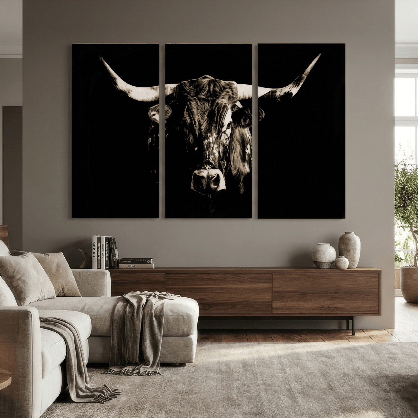 75774468-MGV-CV-36X24 - Black Bull Wall Art Canvas Print, Dark Longhorn Portrait Photography, Framed Wall Art Ready to Hang