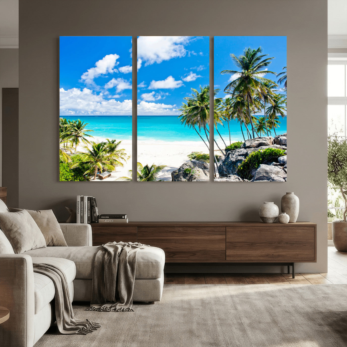 29232878-MGV-CV-36X24 - Barbados Beach Wall Art Canvas Print, Palm Tree Ocean Landscape, Turquoise Sea Coastal Photography, Tropical Island Wall Decor, Framed Ready to Hang