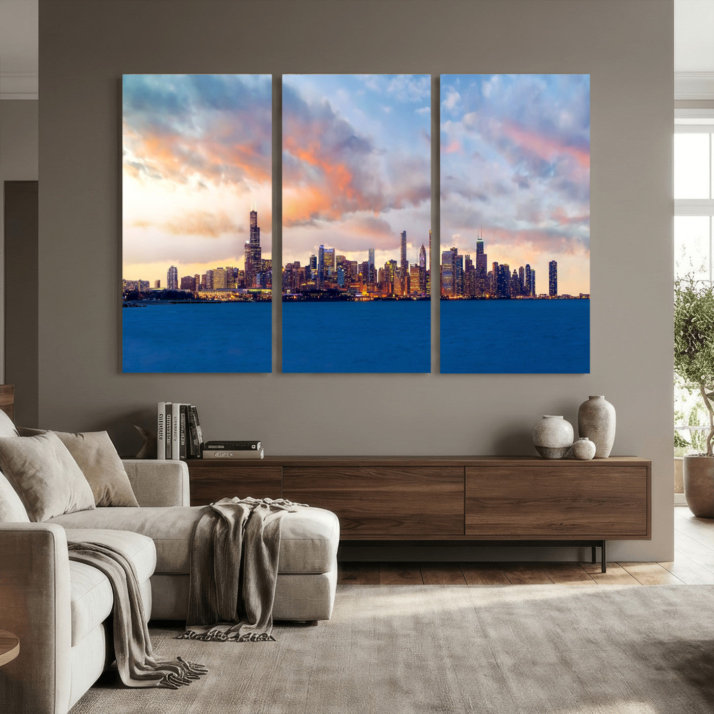 34667960-MGV-CV-36X24 - Chicago Wall Art Canvas Print, Chicago City Downtown Night Cityscape Print for Modern Urban Wall Decor