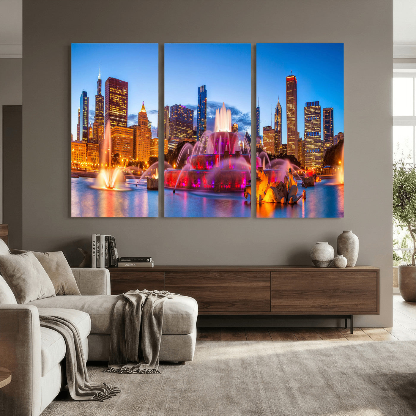20251989-MGV-CV-36X24 - Chicago Wall Art Canvas Print, Chicago City Downtown Night Cityscape Print for Modern Urban Wall Decor